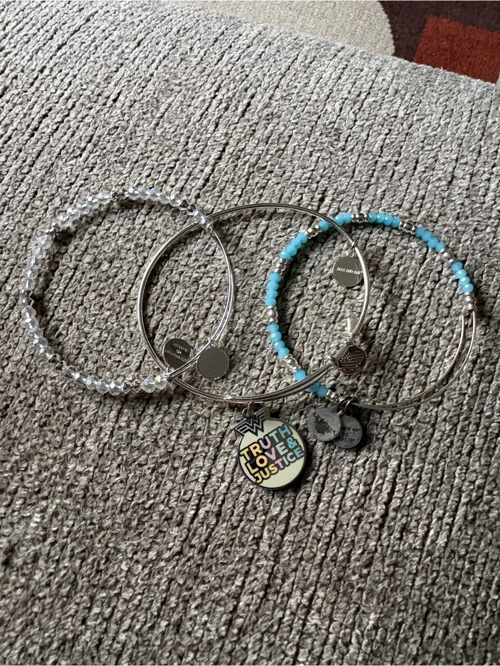 Alex and Ani Silver Bracelet Set with Turquoise Blue and Clear Beads
